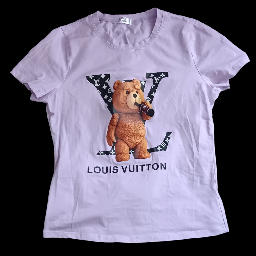 EUC Monogram Women's Designer Lavender LV Teddy Bear Print T-Shirt, Size L